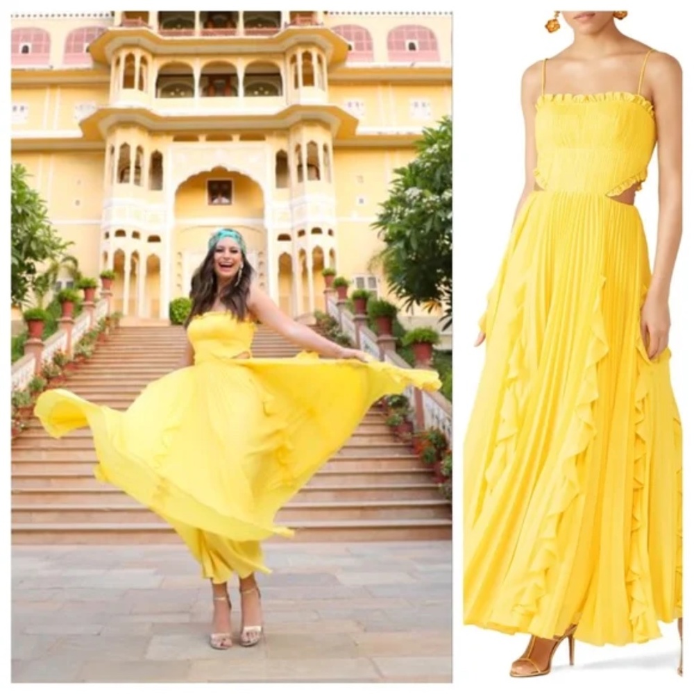 AMUR Rayna Ruffle Cut Out Maxi Dress Yellow 12